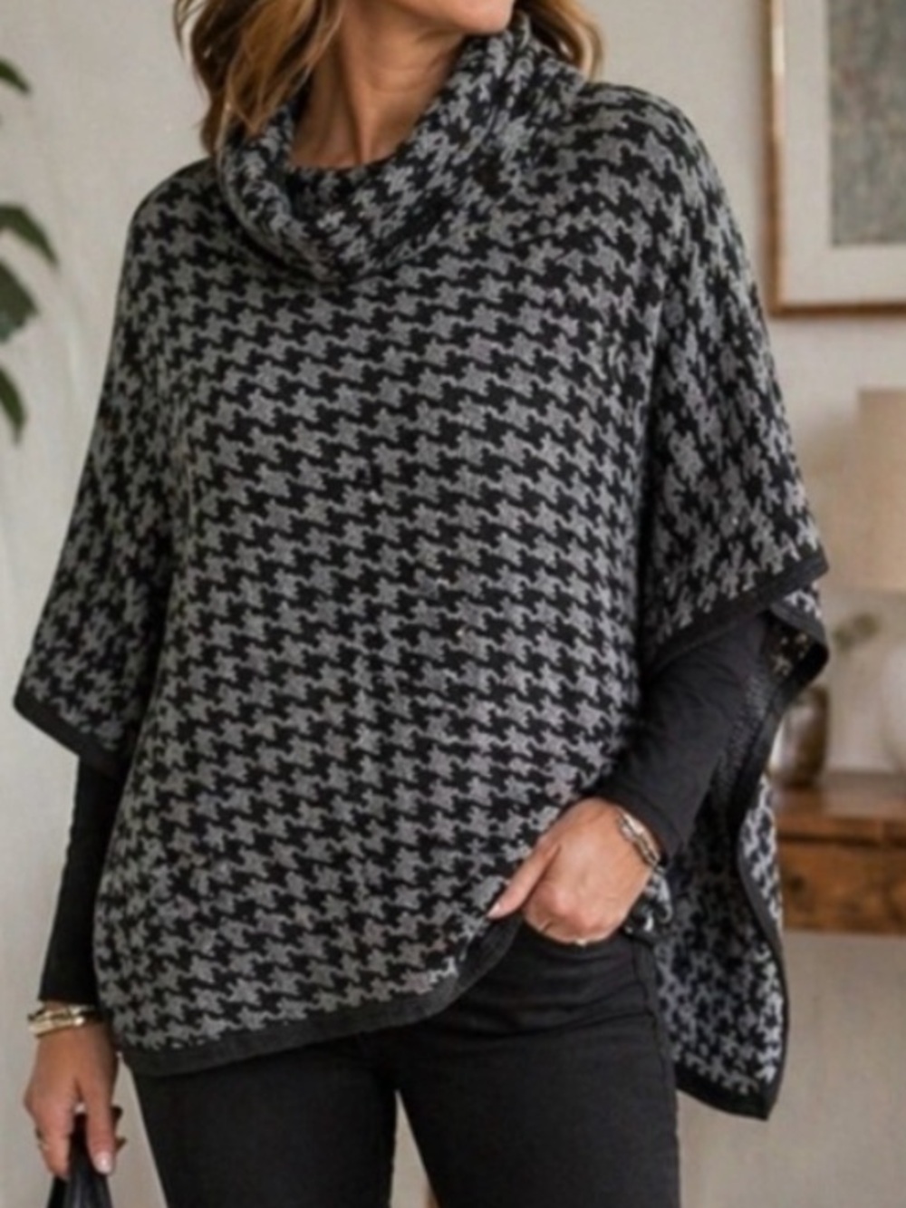 Ann Taylor LOFT Houndstooth Plaid Cowl Neck Poncho Sweater Grey M/L